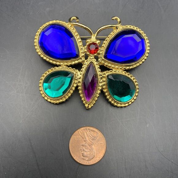 Jewel Tone Butterfly Brooch Pin Acrylic Rhinestone Gold Tone Blue Green Red Big - Picture 3 of 6